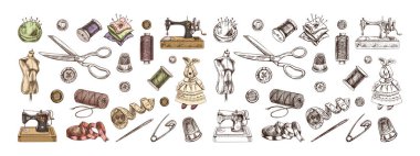 El yapımı, renkli ve monokrom dikiş simgelerinden oluşan klasik bir set. Robot resim tarzında vektör çizimleri. El yapımı, dikiş malzemeleri konsepti klasik tarzda. İşleme biçimi.