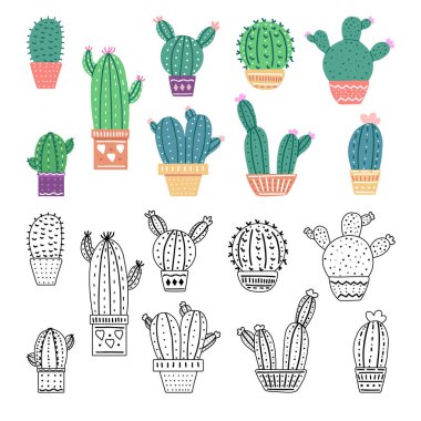Beyaz arka planda izole edilmiş bir dizi el çizimi ve renkli vektör kaktüsü. Dikenli bitkilerin karalama ve düz çizimleri, çiçek açan kaktüsler, saksıdaki sulu bitkiler. Ev bitkileri.