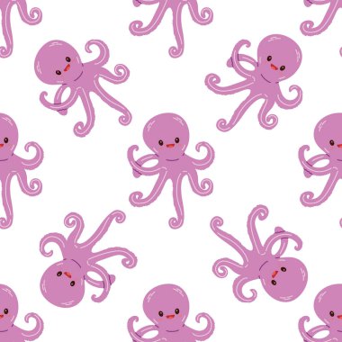 Sevimli el yapımı ahtapot, düz şekilli kusursuz desen, okyanus su altı kawaii vektörü. Beyaz arkaplanda vektör karikatür çizimi.