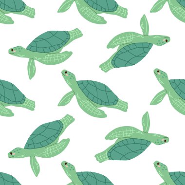 Sevimli el yapımı deniz yeşili kaplumbağa, düz stil kusursuz desen, okyanus suyu altındaki kawaii vektörü. Beyaz arkaplanda vektör karikatür çizimi.