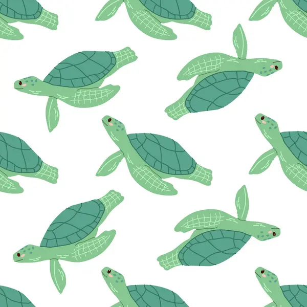 Sevimli el yapımı deniz yeşili kaplumbağa, düz stil kusursuz desen, okyanus suyu altındaki kawaii vektörü. Beyaz arkaplanda vektör karikatür çizimi.