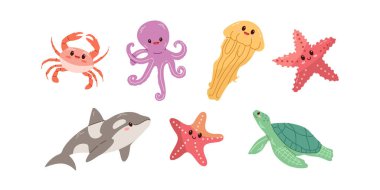 Deniz hayvanları. El yapımı deniz canlıları ve elementler. Vector karikatür karikatür set deniz yaşam nesneleri. Beyaz arka planda düz çizim. Çıkartmalar için koleksiyon.