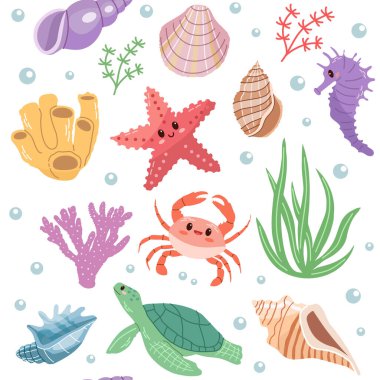 Deniz hayvanları. Elle çizilmiş kusursuz deniz canlıları ve elementler. Vector karikatür karikatür set deniz yaşam nesneleri. Beyaz arka planda düz çizim. Çıkartmalar için koleksiyon.