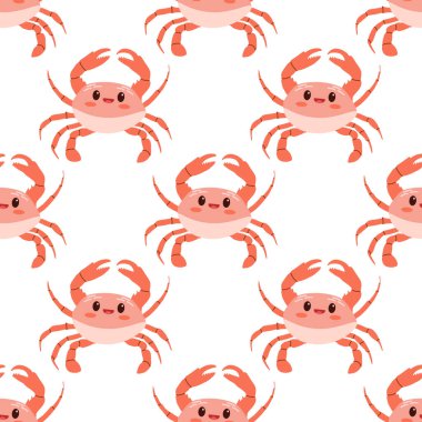 Sevimli el yapımı deniz yengeci, düz şekilli kusursuz desen, okyanus su altı kawaii vektörü. Beyaz arkaplanda vektör karikatür çizimi.