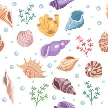 Sea shells vector seamless pattern, mollusks. Flat illustration of seashell.	