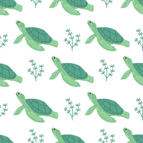 Stock vector Cute hand-drawn colored marine green turtle, seamless pattern in flat style, ocean aquatic underwater kawaii vector. Vector cartoon illustration on white background.