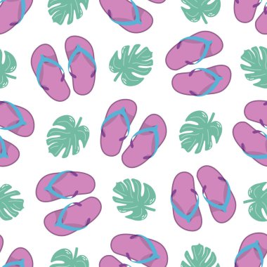 Cute hand drawn flip flops and plant leaf seamless pattern. Flat vector illustration. Doodle drawing.	