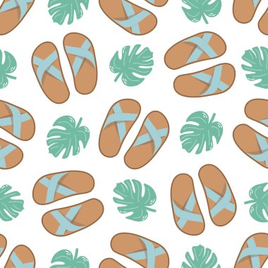 Cute hand drawn flip flops and plant leaf seamless pattern. Flat vector illustration. Doodle drawing.	