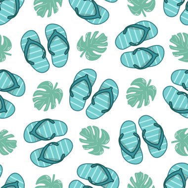 Cute hand drawn flip flops and plant leaf seamless pattern. Flat vector illustration. Doodle drawing.	