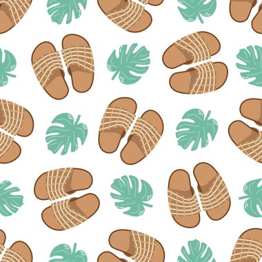 Cute hand drawn flip flops and plant leaf seamless pattern. Flat vector illustration. Doodle drawing.	