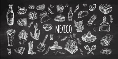 El yapımı gerçekçi Meksika unsurları. Latin Amerika kültürünün klasik çizimleri. Kara tahta arka planında vektör mürekkep çizimi. Meksika kültürü. 