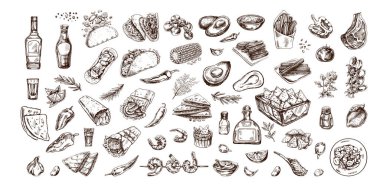 El yapımı gerçekçi Meksika yemekleri ve ürünleri seti. Latin Amerika mutfağının klasik çizimleri. Vektör mürekkep çizimi. Meksika kültürü. Latin Amerika.