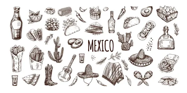 Hand-drawn set of realistic mexican elements. Vintage sketch drawings of Latin American culture. Vector ink illustration. Mexican culture. Latin America.	