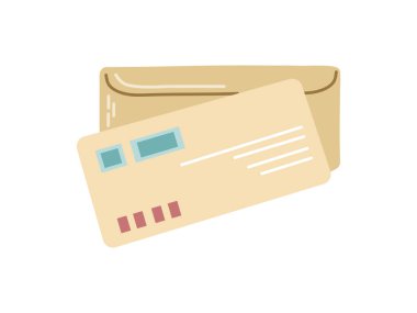 Şirin bir mektup, beyaz arka planda izole edilmiş posta damgalı bir zarf. Yazışmaların, fiziksel gönderilerin ve iletişimin düz çizimi.