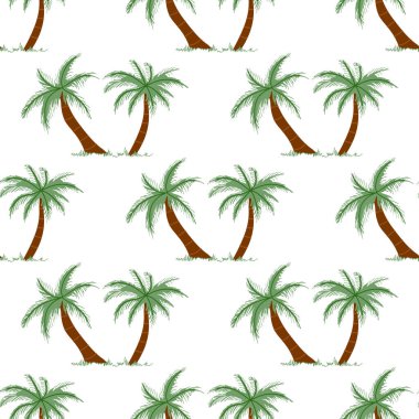 Güzel bir el çizimi palmiye ağacı pürüzsüz deseni. Düz vektör çizimi beyaz arkaplanda izole edildi. Çizim.