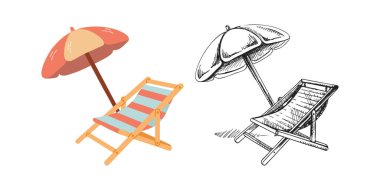 Plaj şemsiyeli şirin bir plaj sandalyesi. Düz ve çizgili vektör çizimi beyaz arkaplanda izole edildi. Çizim