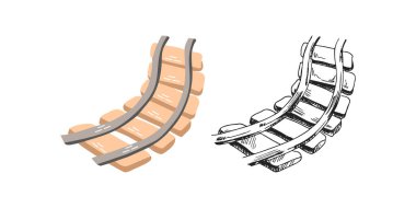 Güzel el yapımı demiryolu. Düz ve çizgili siyah vektör çizimi beyaz arkaplanda izole edildi. Çizim.