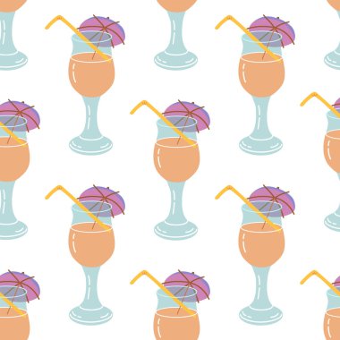 Cute cocktail with straw and umbrella, seamless pattern. Flat vector illustration of cocktail in glass isolated on white background. Doodle drawing.	