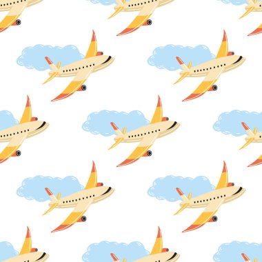 Güzel el çizimi, kusursuz uçan uçak deseni. Düz vektör çizimi beyaz arkaplanda izole edildi. Çizim.