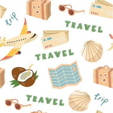 Cute travelling seamless pattern, paper map with geolocation mark, letter, plane, lettering. Flat vector illustration. Doodle drawing.	