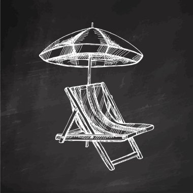 Hand drawn sketch of beach chair with beach umbrella. Vintage vector illustration isolated on chalkboard background. Doodle drawing.	