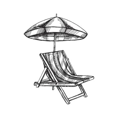 Hand drawn sketch of beach chair with beach umbrella. Vintage vector illustration isolated on white background. Doodle drawing.	