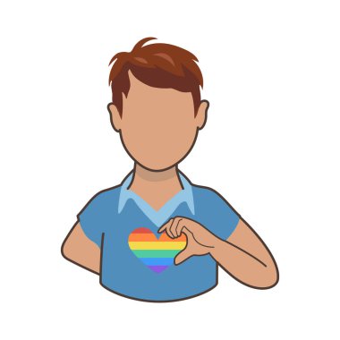 LGBT gurur ayı. Çok kültürlü bir adam lgbt topluluğuna destek veriyor. Havalı 70 'ler tarzında düz çizim. Şiddete ve ayrımcılığa karşı gurur ayı kutlaması.