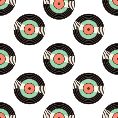 Vinil plak kusursuz desen. Çizgi film tarzında illüstrasyon. 70 'lerin retro clipart vektör tasarımı.