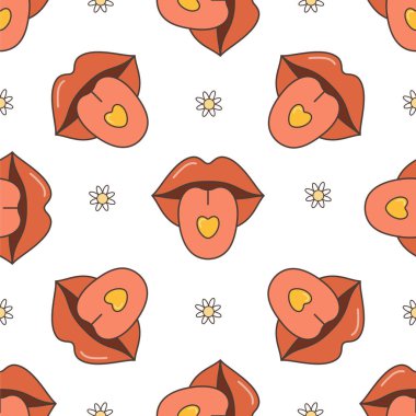 1970-1960 'ların elementleri Kusursuz Desenli Duvar Kağıdı Tasarımı. Çizgi film vektör çizimi. Moda retro psychedelic biçimi 