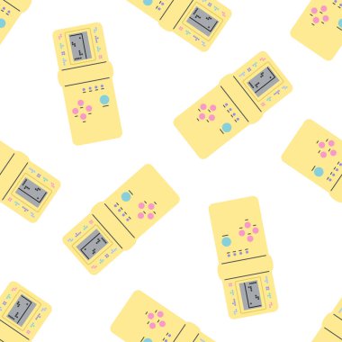 Klasik Y2K, 90 'lar ve 2000' ler estetiği. Düz stil retro oyun konsolu, klasik dikişsiz desen. El çizimi vektör illüstrasyonu.