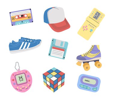 Klasik Y2K, 90 'lar ve 2000' ler estetiği. Klasik elementlerin düz stili. El çizimi vektör çizimi. Yama, çıkartma, rozet, amblem.