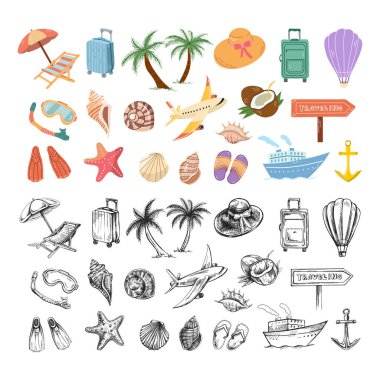 Yaz seyahatleri. Düz bir seyahat ikonu seti. Turizm ve kamp macerası simgeleri. 