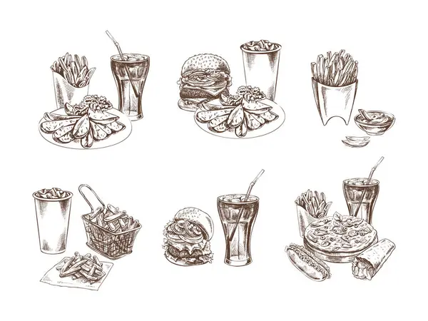 Burgers, potato french fries, drinks, set. Hand-drawn sketches of street food, takeaway food, fast food, junk food and drinks. Retro vector illustrations collection isolated.	