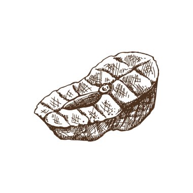 Barbekü somon bifteğinin elle çizilmiş tek renkli vektör çizimi. Doodle vintage çizimi. Kafelerin ve etiketlerin menüsü için dekorasyonlar. Kabartmalı resim.