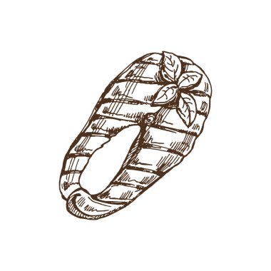 Barbekü somon bifteğinin elle çizilmiş tek renkli vektör çizimi. Doodle vintage çizimi. Kafelerin ve etiketlerin menüsü için dekorasyonlar. Kabartmalı resim.