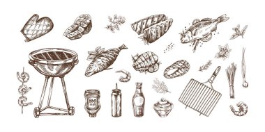 A set of hand-drawn monochrome sketches of barbecue and picnic elements, barbecue grill, tools, grilled fish, fish steaks. For the design of menu of cafes. Doodle vintage illustration.