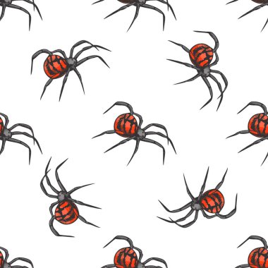 Elle çizilmiş tüyler ürpertici kırmızı siyah örümceklerle kusursuz bir cadılar bayramı şablonu. Ürkütücü duvar kağıtları, kumaş, ambalaj kağıdı, davetiyeler, posterler ve mevsimlik dekorasyonlar için oyulmuş korku tarzı tasarımı.
