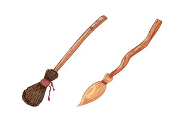 Kırsal ahşap saplı Cadılar Bayramı cadı süpürgesi seti, renkli el yapımı klasik eskiz, tatil tasarımı ve dekorasyonu için ürkütücü aksesuar..