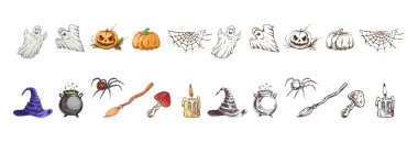 Cadı şapkası, kazan, süpürge, balkabağı, hayalet, örümcek ağı, mum ve mantarlı klasik cadılar bayramı çizimi. Ürkütücü tatil tasarımı, davetiyeler, posterler, parti kartları ve dekorasyonlar için mükemmel..