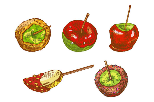 Vintage hand drawn set of caramel apples and apple slice with nut and sprinkle topping, colorful sketch style, perfect for festive design, retro fair, packaging, wrapping, textile and autumn projects.