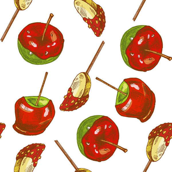Seamless vintage pattern with hand drawn caramel apples covered in nut coating, colorful sketch style, perfect for wrapping, textile, packaging, kitchen decoration, retro market, autumn fair and festive design.
