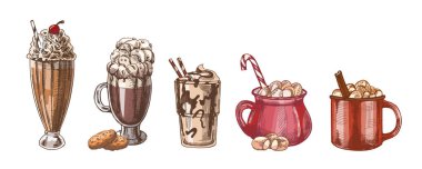 Kirazlı milkshake, lokum ve kurabiyeli kakao, pipetli çikolatalı frappe ve şeker kamışı ve tarçın çubuklu sıcak çikolata bardakları da dahil olmak üzere renkli versiyonlarda el yapımı klasik içecekler.