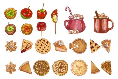 El yapımı klasik elma şekeri, çikolatalı muz, kremalı sıcak kakao ve renkli çeşitli turtalar, Noel için mükemmel, kış tatilleri, samimi kutlamalar ve tatlı tatlı tatlılar.