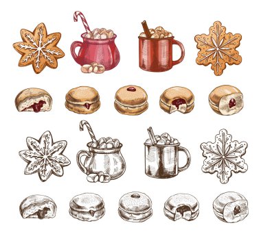 Şenlikli Noel yemeklerinin el yapımı klasik çizimi: kar tanesi şeklinde zencefilli kurabiye, şekerli sıcak kakao kupaları ve tatlı dolgulu reçelli çörekler. Set, çok yönlü kullanım için hem renkli hem de tek renkli sürümleri içerir.