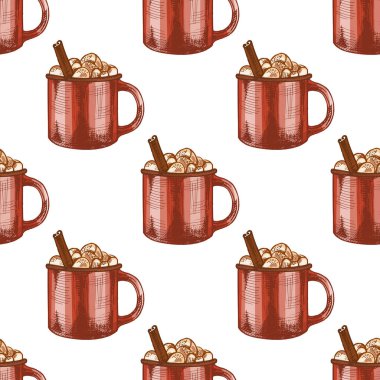Sıcak çikolata, marşmelov ve tarçın çubuğuyla doldurulmuş kırmızı kupanın vektörsüz deseni. Renkli versiyonuyla sunuluyor. Kış, Noel, şenlikli, rahat ve mevsimsel tatil tasarımı projeleri için mükemmel..
