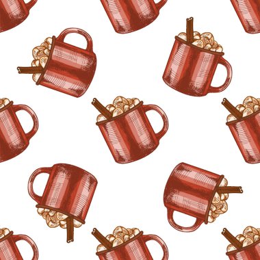 Sıcak çikolata, marşmelov ve tarçın çubuğuyla doldurulmuş kırmızı kupanın vektörsüz deseni. Renkli versiyonuyla sunuluyor. Kış, Noel, şenlikli, rahat ve mevsimsel tatil tasarımı projeleri için mükemmel..