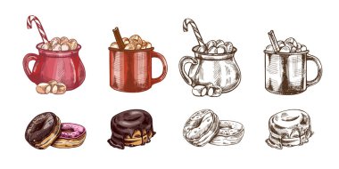 Şekerlemeli sıcak kakao fincanları ve tatlı çöreklerle el yapımı klasik bir illüstrasyon. Kafe tasarımı, şenlik projeleri, menü dekorasyonu, fırın markalaşması, ambalajlama, kış ve Noel temaları için mükemmel.