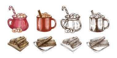 Elle çizilmiş sıcak kakao kupaları, marşmelov ve tarçınlı, churros tatlısıyla eşleştirilmiş. Kış, tatil, kafe, menü, fırın, tatlı yemek ve festival tasarım projeleri için mükemmel.