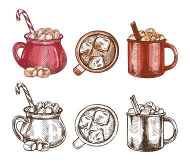 Elle çizilmiş, hem renkli hem de tek renkli kakao bardaklı ve buzlu çikolatalı klasik set. Kafe menüsü, tatil kartları, ambalaj, desenler ve mevsimsel tasarım için mükemmel.