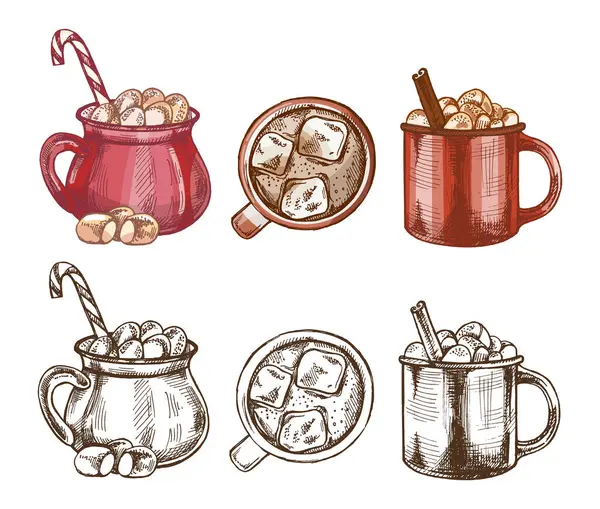 Elle çizilmiş, hem renkli hem de tek renkli kakao bardaklı ve buzlu çikolatalı klasik set. Kafe menüsü, tatil kartları, ambalaj, desenler ve mevsimsel tasarım için mükemmel.